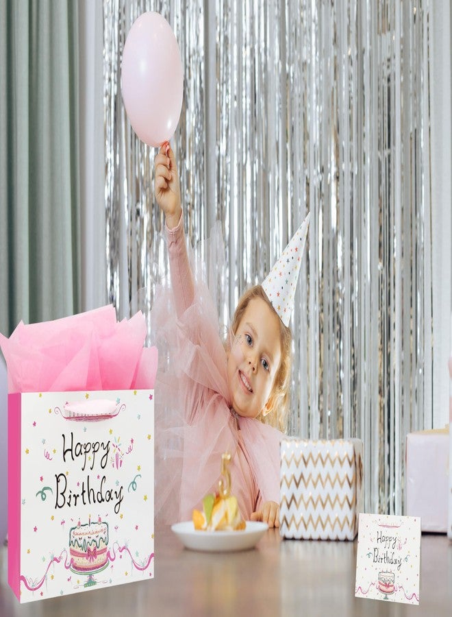 Oletx 13" Large Happy Birthday Pink Paper Bags,Pink Gift Party Favor Bags with Tissue Paper Birthday Card for Women' Party,Mother's Day - Image 5